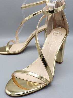 Jessica Simpson Sloyan Gold Metallic Block Heel Sandals 10 Asymmetric Strap
